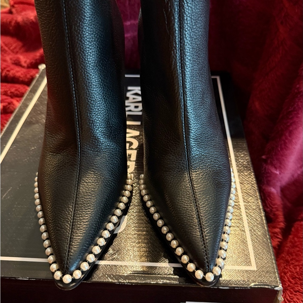 Karl Lagerfeld Black Heeled Boots with Pearl Detail
